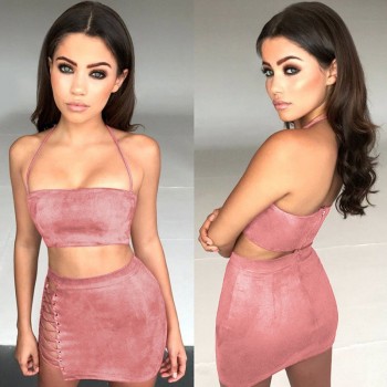 Halter Crop Tops +Lace Up Bandage Hot Skirts 2 Piece Green Pink